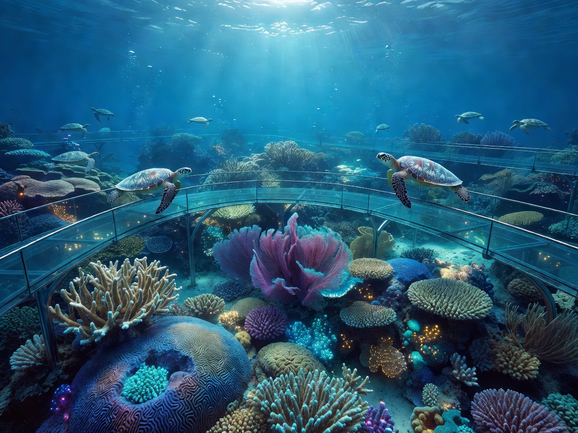 An expansive underwater sanctuary with giant coral gardens, crystal-blue lagoons, elegant glass walkways, sea turtles, illuminated reefs and premium cinematic ocean lighting.