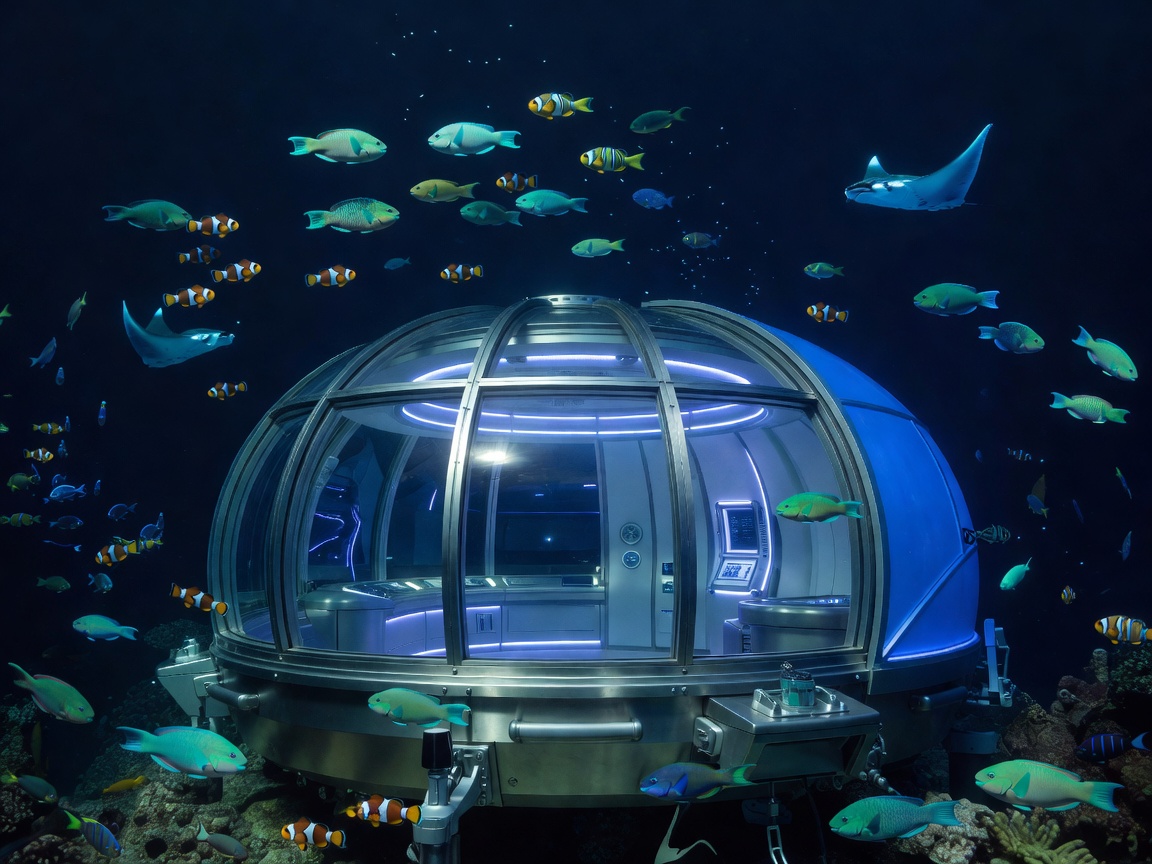 A luxurious marine research dome beneath the ocean with panoramic glass walls, flowing schools of exotic fish, blue ambient lighting, and sophisticated underwater engineering.