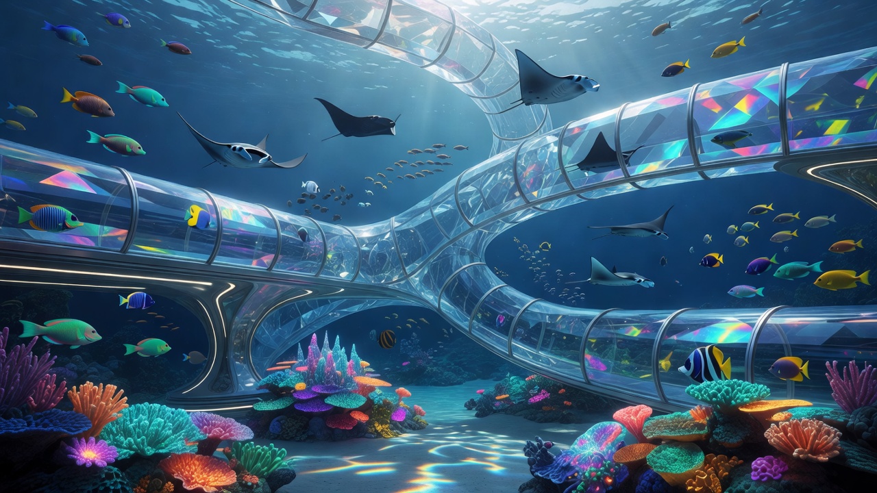 A magnificent underwater conservatory featuring enormous crystal observation tunnels surrounded by colorful tropical fish, graceful manta rays, glowing coral reefs, elegant futuristic architecture and breathtaking marine scenery.